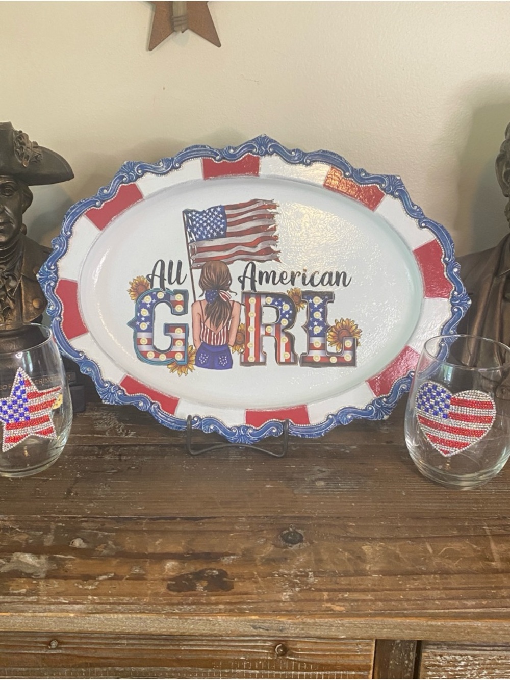 All American Girl Decorative Patriotic Platter - Red White Blue